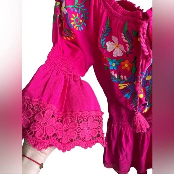 Mexican Embroidered Pink Elastic Waist 3/4 Sleeves Crochet Cotton Mini Dress S/M - Picture 8 of 12